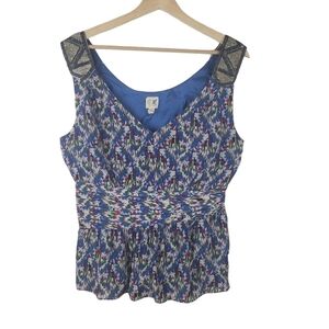 EDME & Esyllte Silk‎ Tank Top 10 Beaded Straps Blue Ikat Pleated waist Side Zip